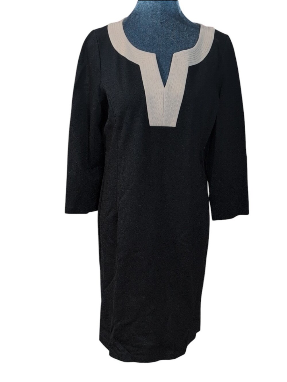 Talbots Black & Tan Ponte Split V-Neck 3/4 Sleeve Dress Size 6